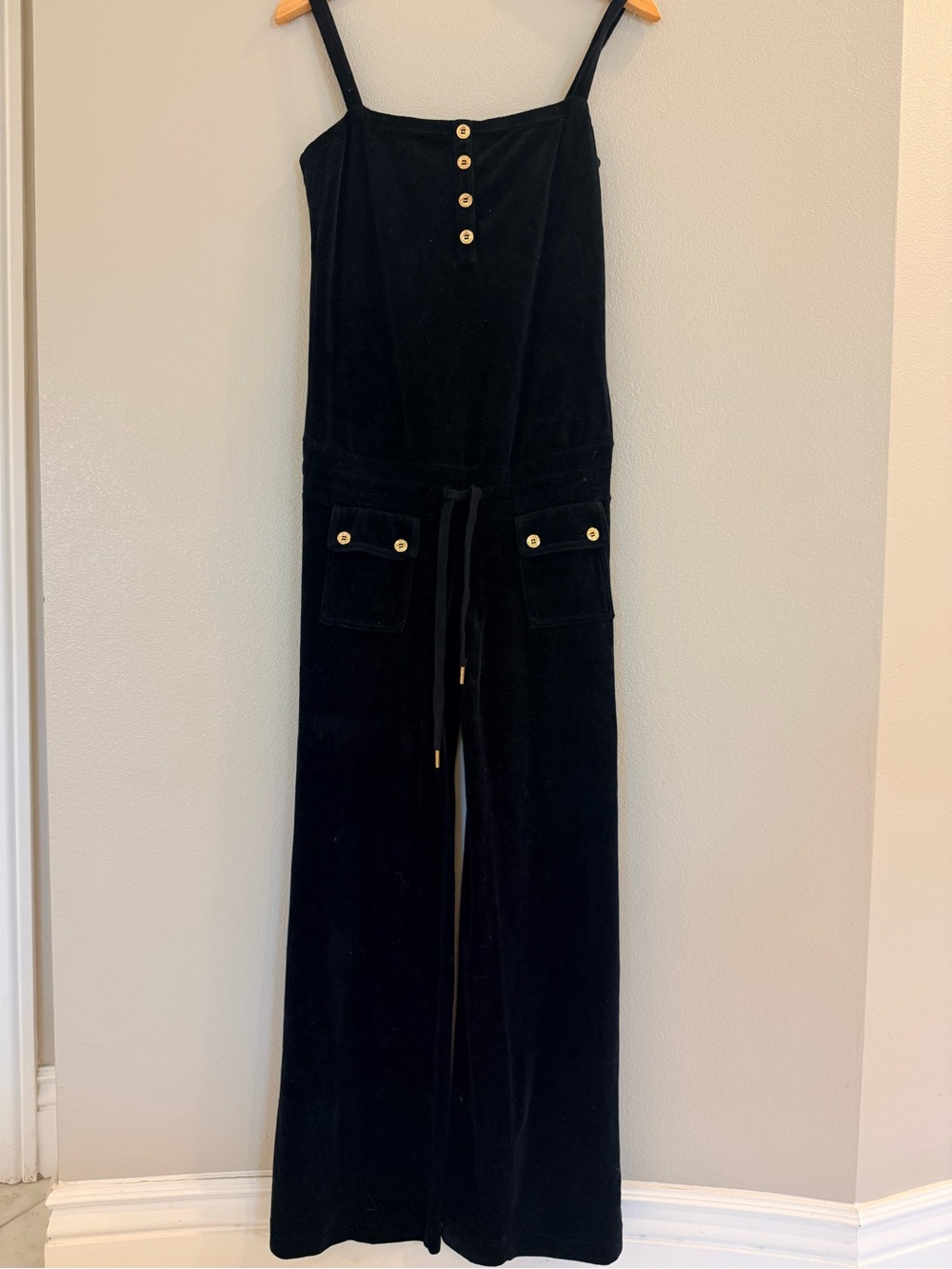 Juicy Couture Black Velvet Wide-Leg Jumpsuit with Gold Buttons
